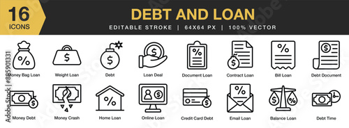 Set of 16 Debt And Loan icon set. Editable Stroke Icon Collection. Includes contract, credit card, debt time, email loan, home loan, and More. Outline icons vector collection.