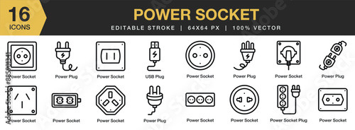 Set of 16 Power Socket icon set. Editable Stroke Icon Collection. Includes power plug, power socket, usb plug and More. Outline icons vector collection.