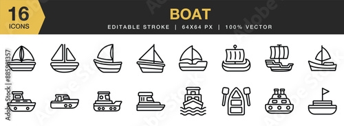 Set of 16 Boat icon set. Editable Stroke Icon Collection. Includes sail, boat, canoe, ferry, ship, cruise, sail, and More. Outline icons vector collection.