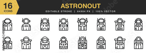 Set of 16 Astronaut icon set. Editable Stroke Icon Collection. Includes astronaut, space suit, head ware, helmet,  and More. Outline icons vector collection.