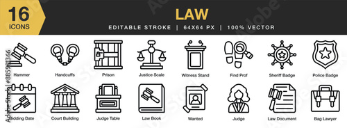 Set of 16 Law icon set. Editable Stroke Icon Collection. Includes bag lawyer, find prof, judge, handcuffs, hammer, and More. Outline icons vector collection.