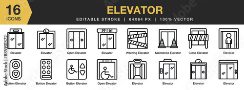 Set of 16 Elevator icon set. Editable Stroke Icon Collection. Includes elevator, button elevator, maintenance elevator, warning elevator, and More. Outline icons vector collection.