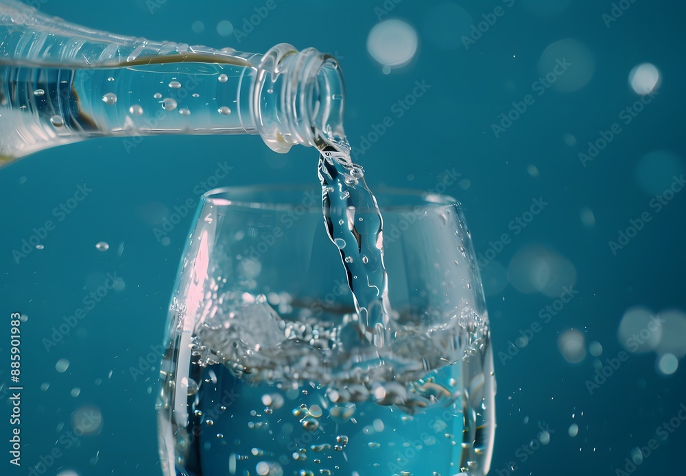 Water Pouring Into Glass on Blue Background Water Pouring Into Glass on Blue Background