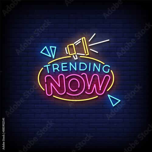 trending now neon sign vector with brick wall background