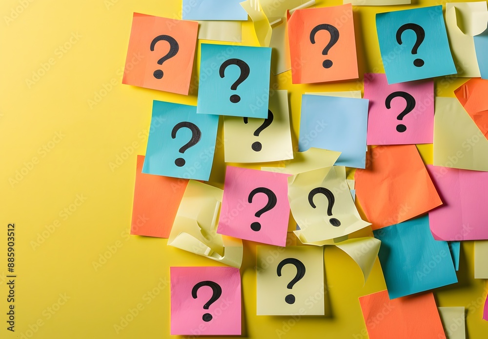 Colorful Sticky Notes with Question Marks on Yellow Background Colorful Sticky Notes with Question Marks on Yellow Background