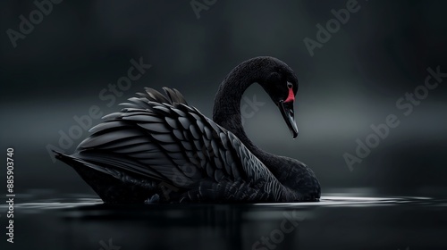 Fototapeta Naklejka Na Ścianę i Meble -  Majestic black swan gracefully floating on dark water, showcasing elegance and beauty in a serene, misty environment.