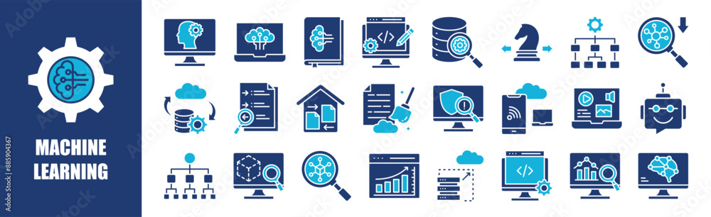 Machine Learning icon collection set. Containing technology, science, digital, ai, computer, innovation, and more. Solid vector icons collection. Machine Learning icon collection set. Containing technology, science, digital, ai, computer, innovation, and more. Solid vector icons collection.