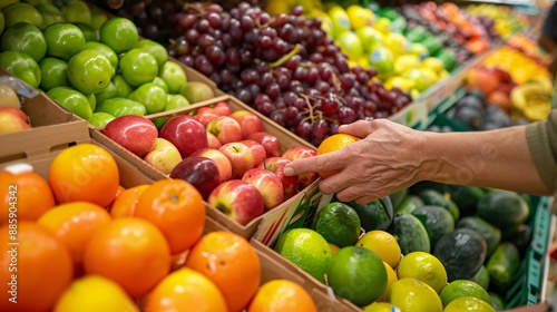 Highly detailed image of a person selecting fresh fruit from a colorful produce display, emphasizing the health benefits photo