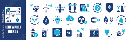 Renewable Energy icon collection set. Containing energy, green, ecology, electricity, renewable,and more. Solid vector icons collection.