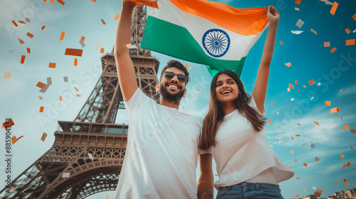 Indian couple celebrating victory in front of the Eiffel Tower, Indian flag, sports, Olympics. photo