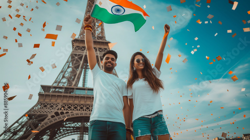 Indian couple celebrating victory in front of the Eiffel Tower, Indian flag, sports, Olympics. photo