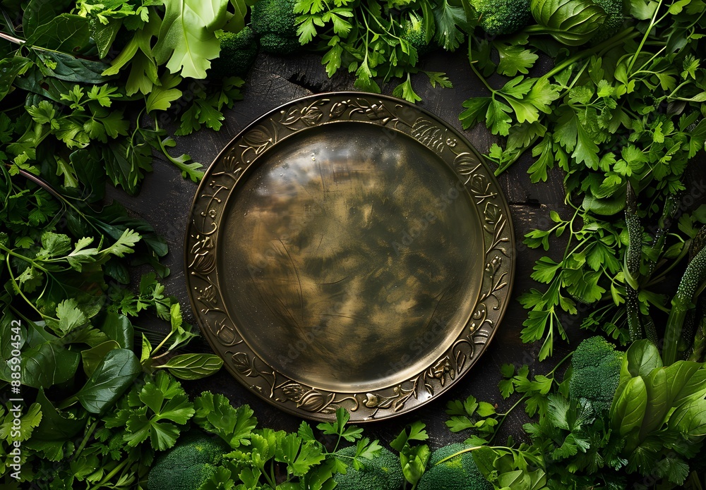 Fototapeta premium Bronze Plate Surrounded by Green Vegetables