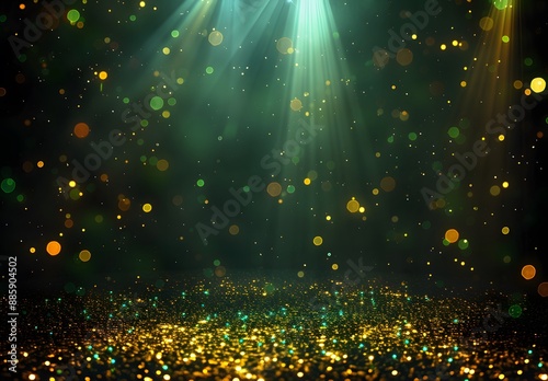 Sparkling Gold Green Lights On Black Background