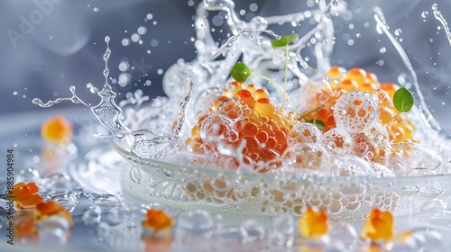 Fototapeta Naklejka Na Ścianę i Meble -  Clear and precise photograph of a molecular gastronomy dish with intricate details and a futuristic, otherworldly presentation