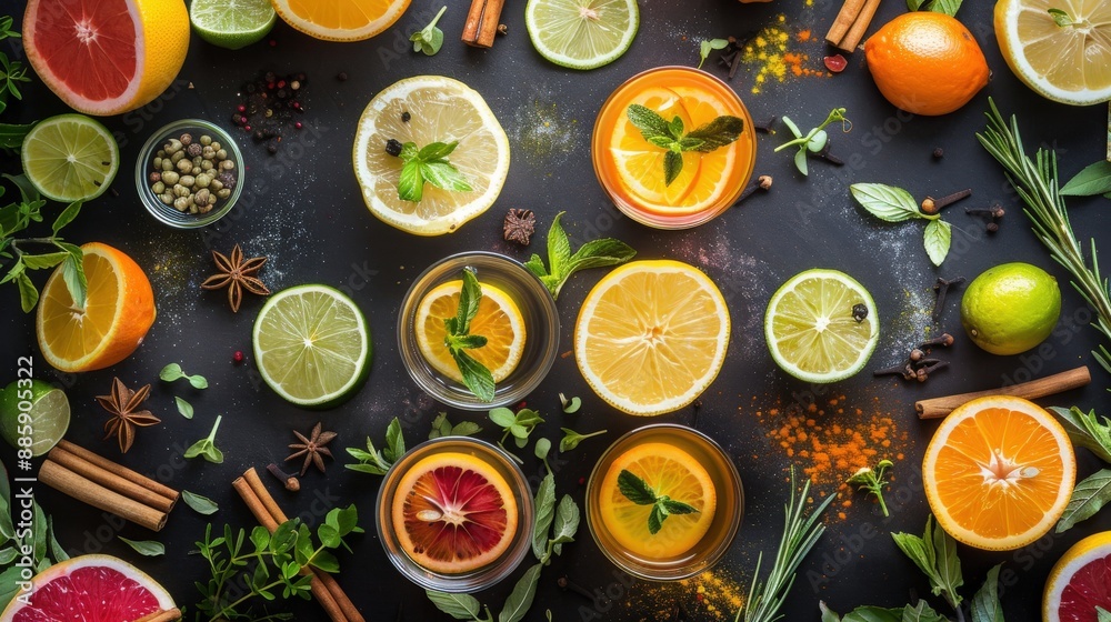 Dark Background Flat Lay of Homemade Tonic Water Ingredients, Citrus and Spices Dark Background Flat Lay of Homemade Tonic Water Ingredients, Citrus and Spices