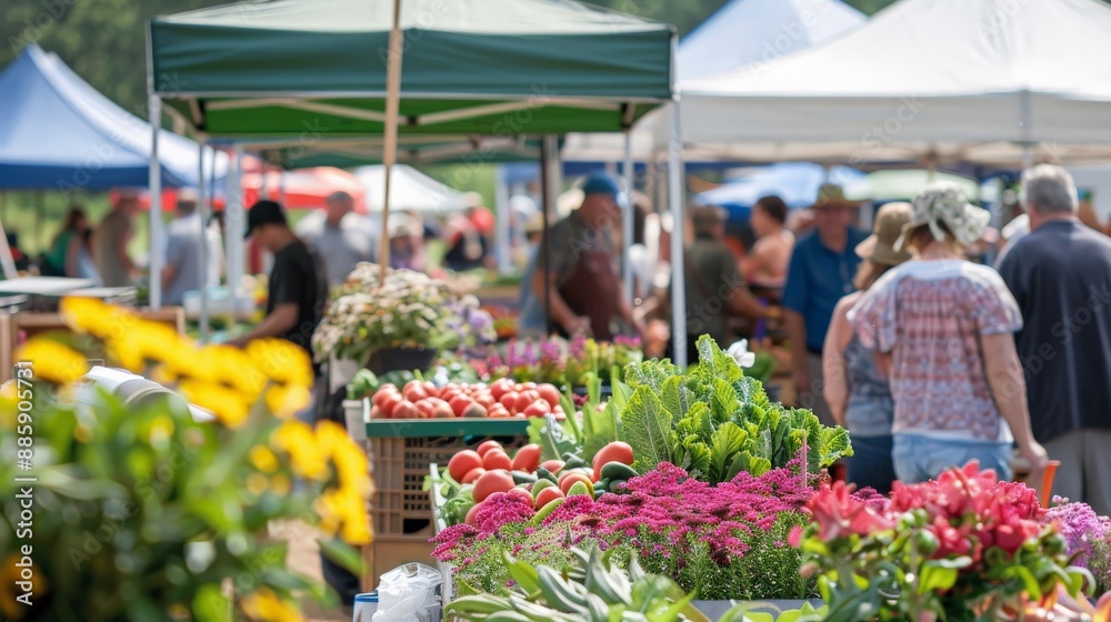 Fototapeta premium A bustling farmer's market with people buying fresh produce, flowers, and homemade goods from colorful stalls