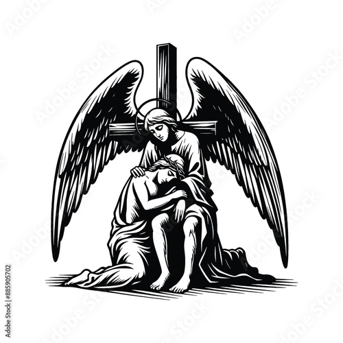 Angel at the Crucifixion, Capture an angel weeping or comforting Mary at the foot of the cross, in flat illustration