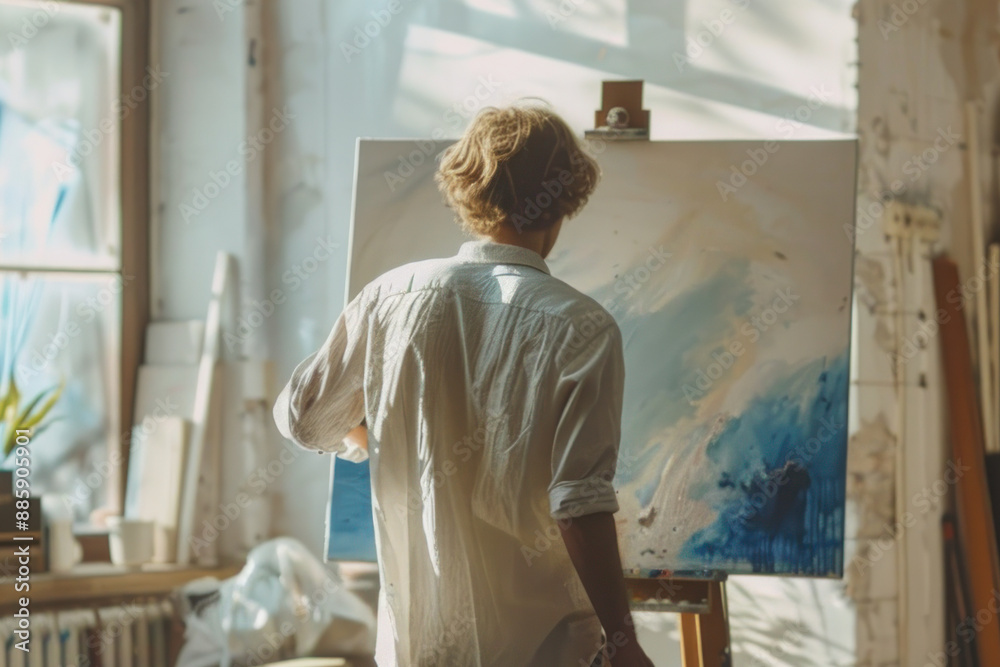 Artist Painting on Canvas in Sunlit Studio