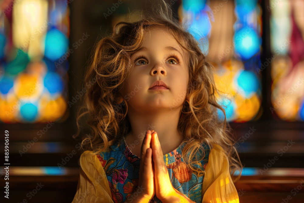 Little Girl Praying in Church with Stained Glass Background Little Girl Praying in Church with Stained Glass Background
