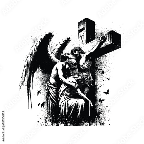 Angel at the Crucifixion, Capture an angel weeping or comforting Mary at the foot of the cross, in rough brush painting with grunge splatter