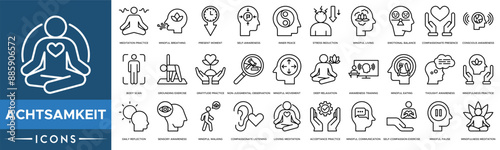 Achtsamkeit icon set. Meditation Practice, Mindful Breathing, Present Moment, Self-awareness, Inner Peace, Stress Reduction and Mindful Living photo