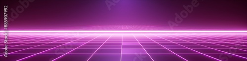 Neon wireframe horizon background The light purple square floor glows