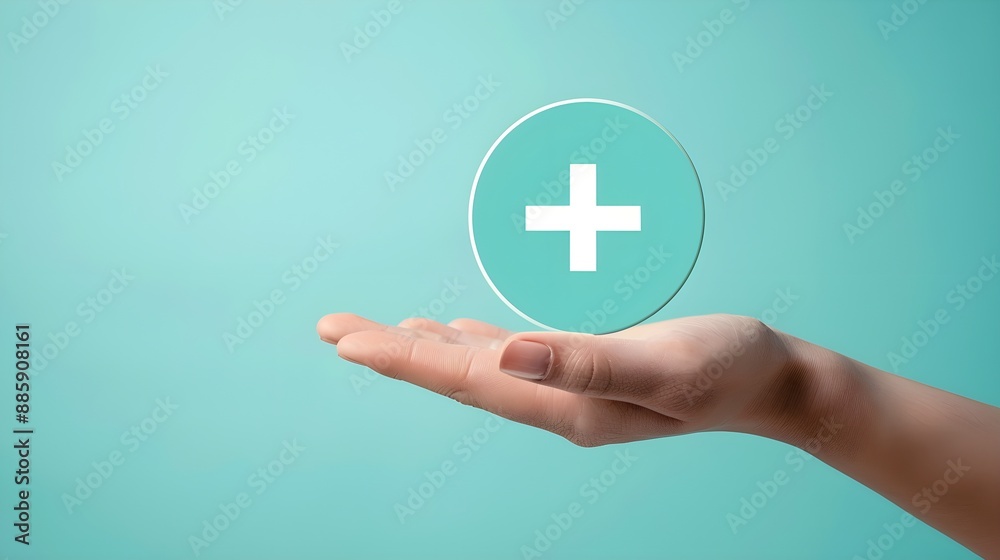 Obraz premium Hand is covering the plus icon in a circle. It represents health care or health insurance concept