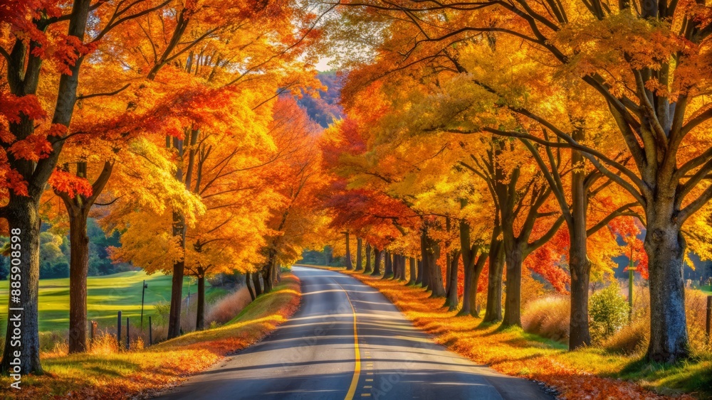 Serene winding rural road lined with vibrant orange and yellow deciduous trees amidst a quiet autumn afternoon landscape.