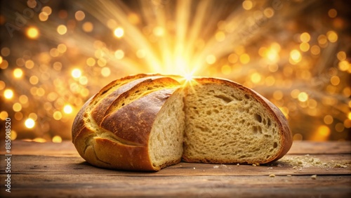 Golden illuminated loaf of bread with single slice being broken off against a soft blurredBackground symbolizing generosity and spirituality. photo