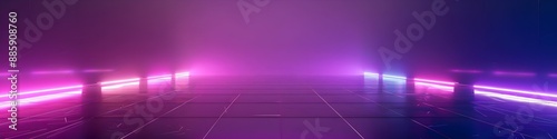 Neon wireframe horizon background The light purple square floor glows