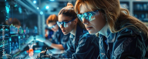 Focused female scientists working in a high-tech laboratory conducting experiments with advanced research equipment and technology. © KanitChurem