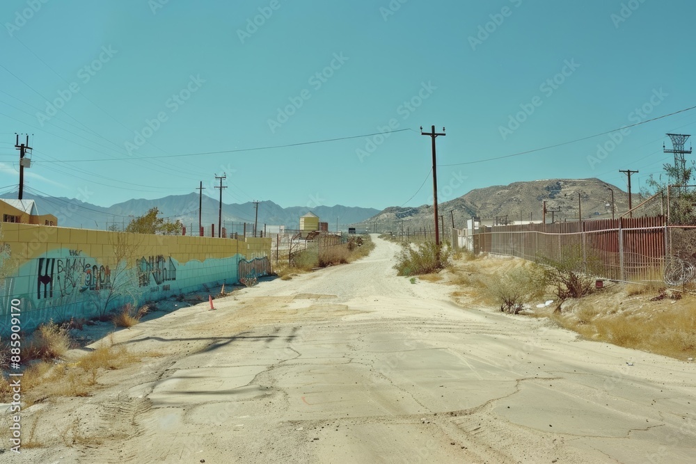 Cracked asphalt road leading through an industrial area with a graffiti wall and mountains in the background Cracked asphalt road leading through an industrial area with a graffiti wall and mountains in the background