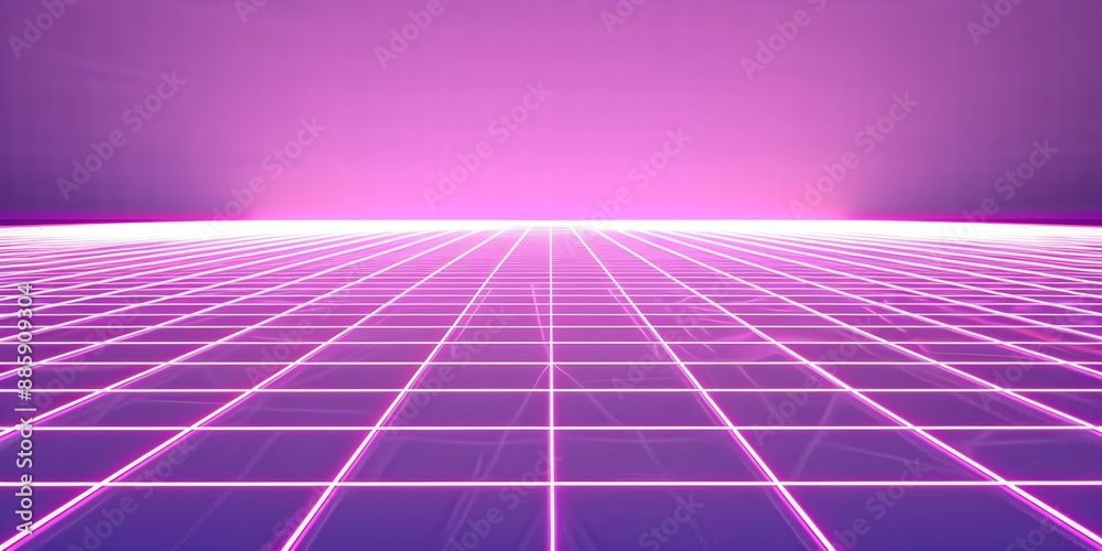 Neon wireframe horizon background The light purple square floor glows Neon wireframe horizon background The light purple square floor glows