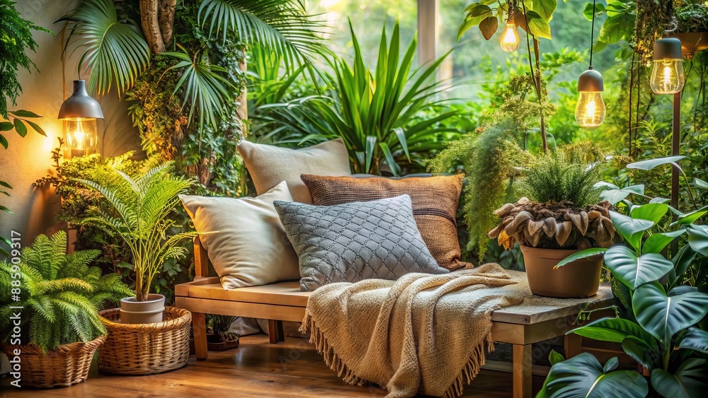 Cozy corner with comfortable pillow and soft blanket, surrounded by lush green plants and calm decorative ornaments for relaxation. Cozy corner with comfortable pillow and soft blanket, surrounded by lush green plants and calm decorative ornaments for relaxation.