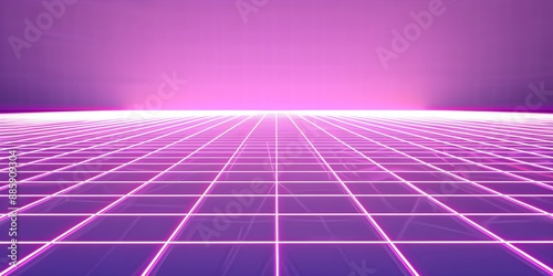 Neon wireframe horizon background The light purple square floor glows