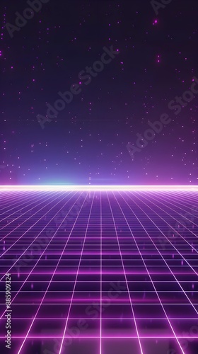 Neon wireframe horizon background The light purple square floor glows