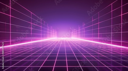 Neon wireframe horizon background The light purple square floor glows
