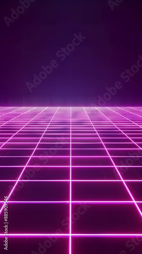 Neon wireframe horizon background The light purple square floor glows
