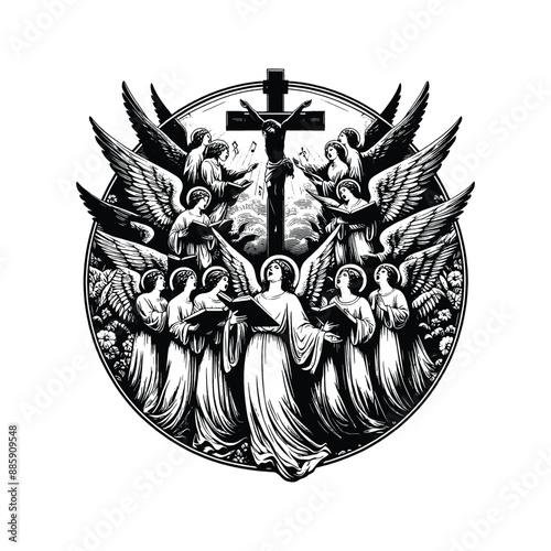 Angelic Choir at Calvary, Depict angels singing hymns of redemption as Christ hangs on the cross