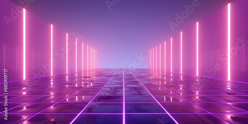 Neon wireframe horizon background The light purple square floor glows