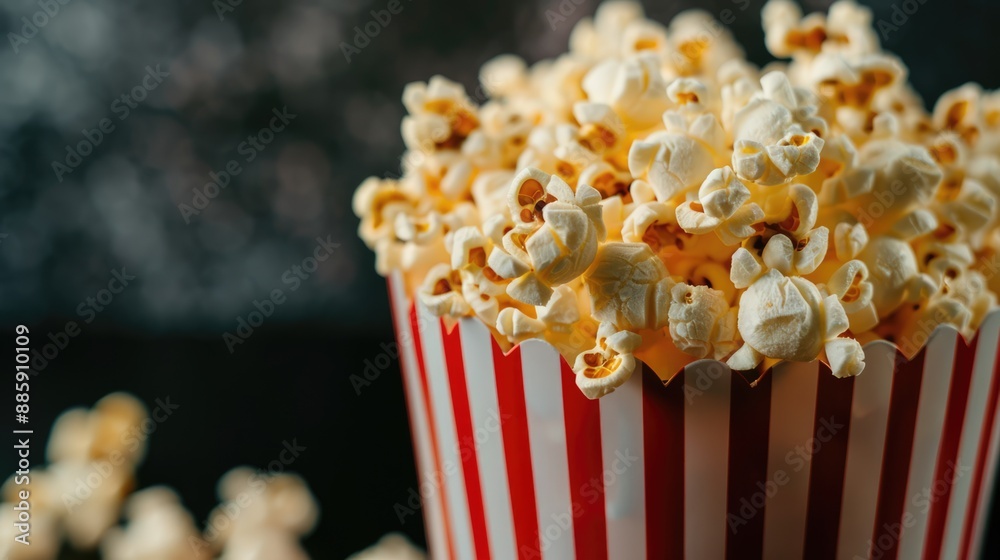 Popcorn paper box in movie theatre. Red and white plastic glass full of popcorn Popcorn paper box in movie theatre. Red and white plastic glass full of popcorn