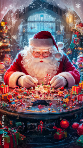 Santa Workshop: A whimsical scene of Santa and his elves busily making toys, emphasizing the magic and joy of the holiday season and attracting families and children. Santa Claus making Christmas