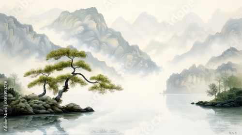 A painting of a mountain with a tree in the foreground