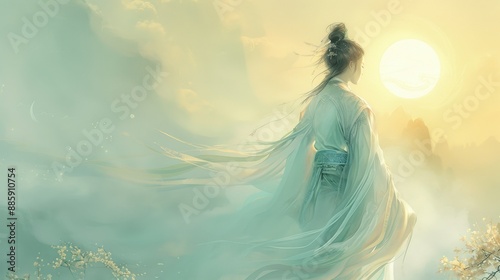 A woman in a white dress stands in front of a large sun