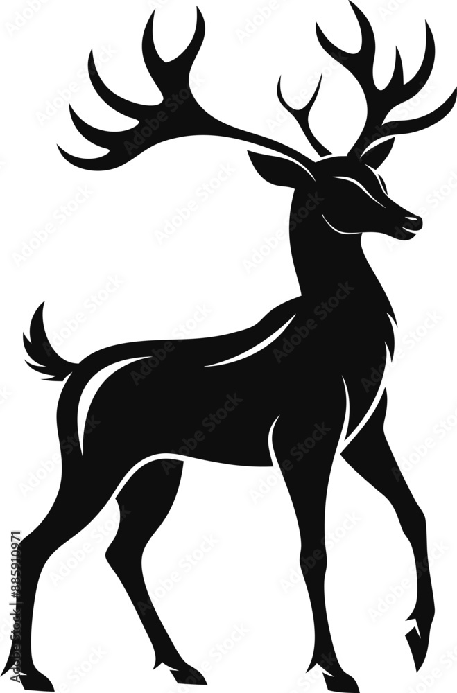 Obraz premium Vector illustration of a black silhouette of a deer at full length on a white background. Generative AI