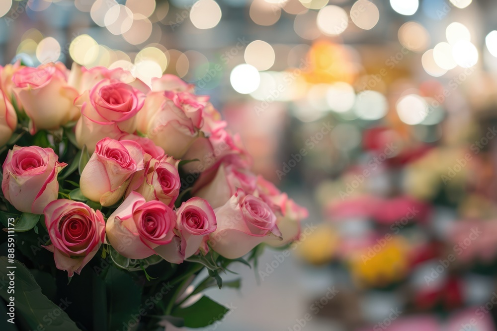 Obraz premium Bouquet of pink roses at florist flower shop with vibrant flowers on blurred floral background