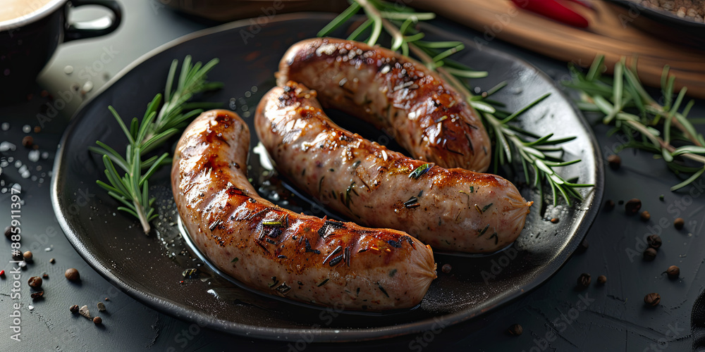 sausages on a black plate, generative AI sausages on a black plate, generative AI