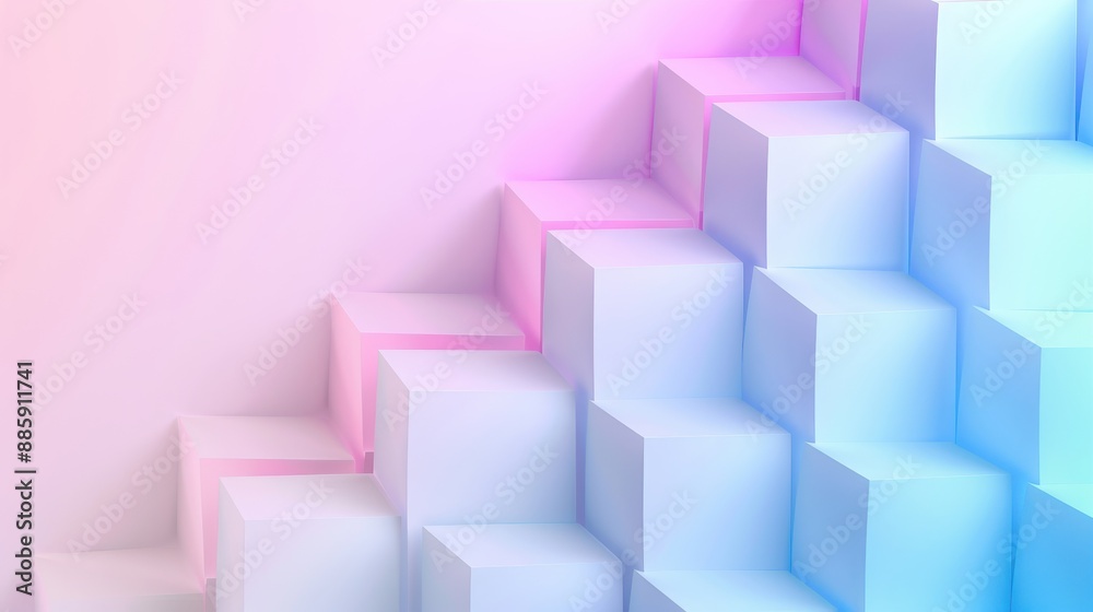 A blue and pink staircase made of white cubes