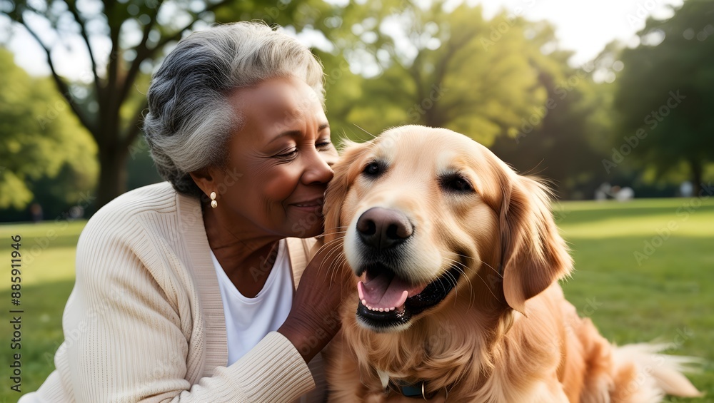 Mature candid black woman cuddling golden retriever Mature candid black woman cuddling golden retriever