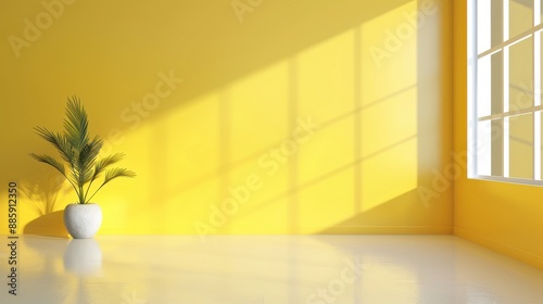 A white vase with a plant in it sits in a yellow room with a lot of natural ligh